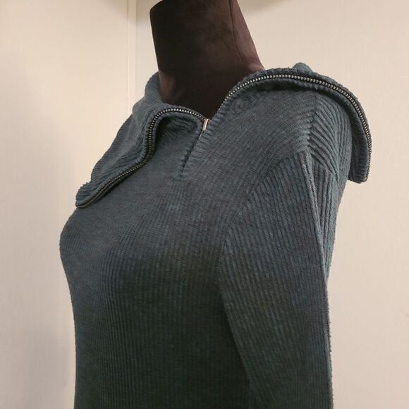 No Boundaries Teal Ribbed Asymmetrical Zip Oversized Collar Sweater Dress Sz L - Picture 9 of 15